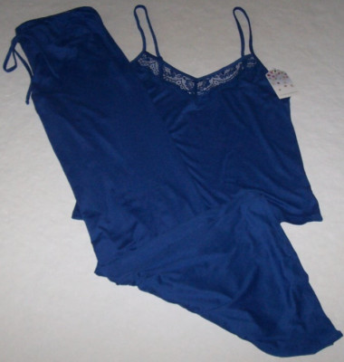 NWT In Bloom by Jonquil ROYAL BLUE Slinky Knit Pajama Set Women's L LACE Trim