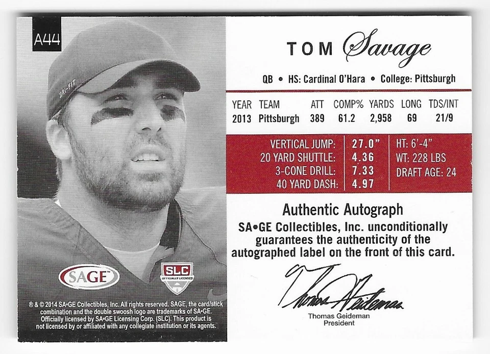 Tom Savage 2014 SAGE Autographs Gold #44 /50 Pitt Panthers Rookie Parallel 🏈⭐ - Image 2 of 2