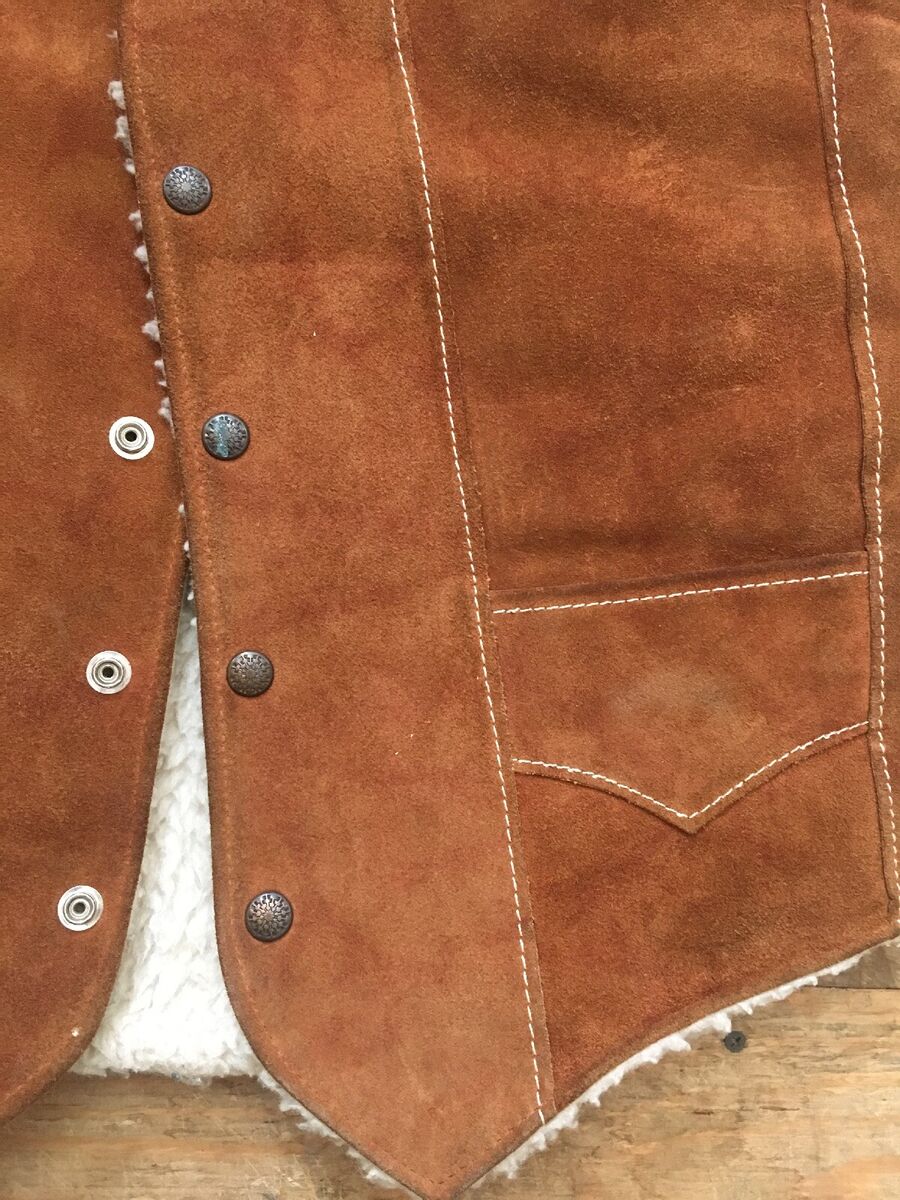 Vtg 70s 80s Suede Leather Sherpa Trucker Vest Mens S-M Biker Vtg 70s 80s Suede Leather Sherpa Trucker Vest Mens S-M Biker