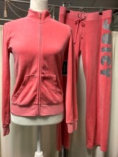 Juicy Couture Velour Salmon Zip Up Low Rise Straight Leg Drawstring Pants