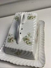 Vtg HTF Three Grown China Porcelain Covered Butter Dish Rose Flower Gold Trim