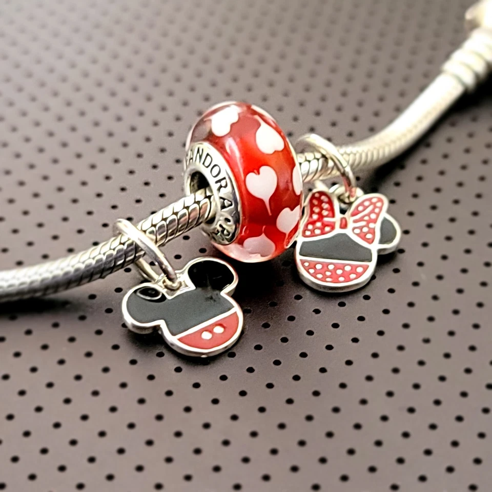 Juego De 3 Nuevos Auténticos Pandora Minnie y Mickey Cuelgan + Corazones Rojos Dijes de Murano Foto 2 de 4