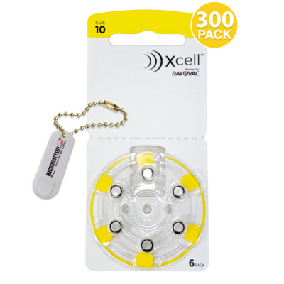 Rayovac Xcell Size 10 Hearing Aid Batteries (300 Pack) + Battery Holder Keychain