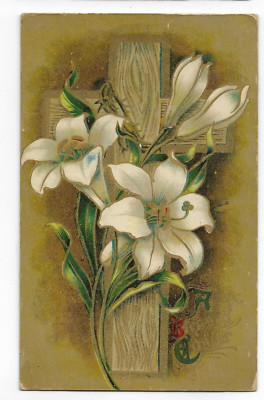 Easter card with a cross and white lilies vintage postcards 1900's