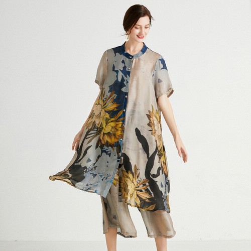 Womens Plus Size Casual Suits Loose Print Fashion Elegant Two Piece Summer New - Picture 4 of 14