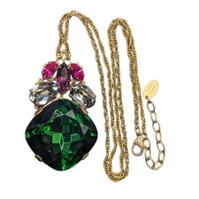 Anton Heunis Signed Large Glass Green Fuscia Pink Gray Rhinestone Necklace 