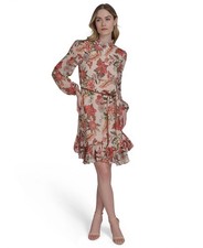 Vince Camuto Chiffon Printed Dress Women 2 Ivory Mock Neck Pullover Long Sleeves