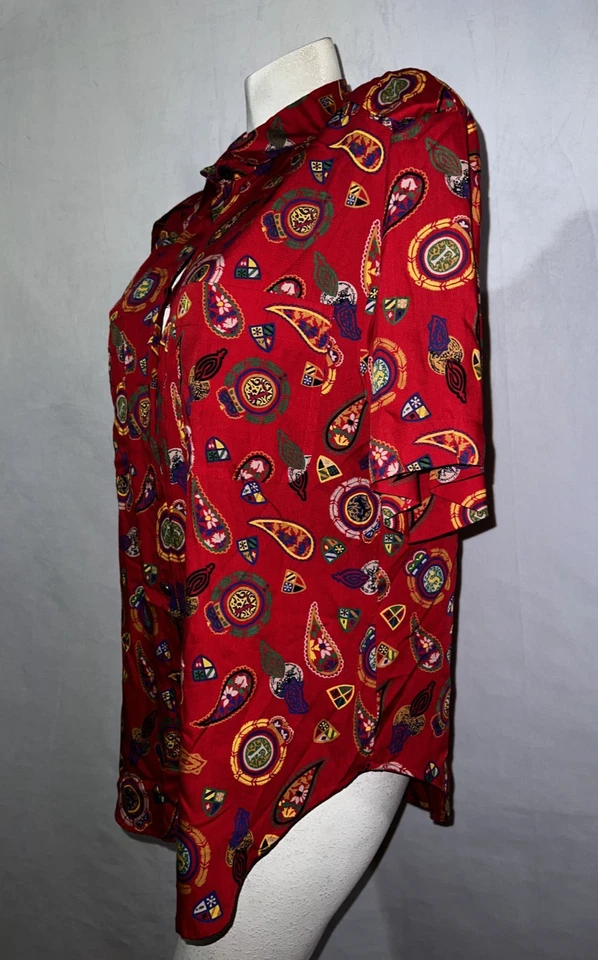 Leslie Fay Top Women's Size 12 Vintage Colorful Red SS Button Shirt Blouse - Image 4 of 4