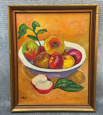 A NAIVE FOLK ART OIL PAINTING SIGNED INITIALS M.S. BOWL WITH SLICED APPLE FRUITS