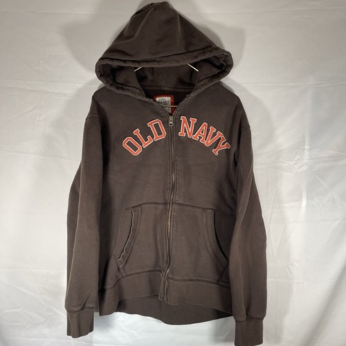 Vintage Old Navy Hoodie Mens L Brown Sweatshirt Spellout Logo Y2K Zip Up Sweater