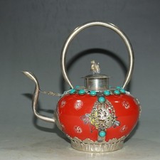 5.5" China Old Antique Porcelain Bronze Inlaid Silver Gemstone Inlay Teapot