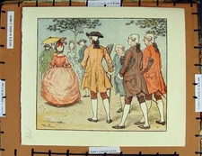 Original Old Vintage Print C1950 Nursery Rhyme Ladies Men Trees Colour 20th