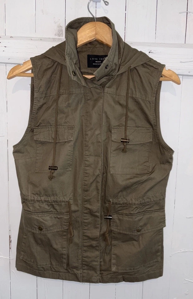 Chaleco de carga utilitario Love Tree verde oliva con capucha para mujer talla mediana 100 % algodón Foto 3 de 4