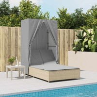 Doppel-Sonnenliege Mit Dach Und VorhäNgen Beige Poly Rattan