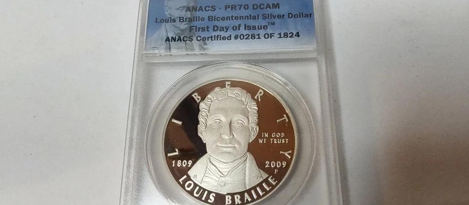 2009 p Louis Braille .900 Silver Dollar ANACS-PR70 DCAM FDOI # 281 of 1824 - Image 3 of 4