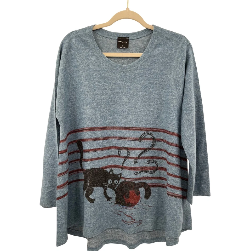 Inoah Women's Blue Cat & Yarn Graphic Long Sleeve Top L Made in USA Casual - Image 2 of 4