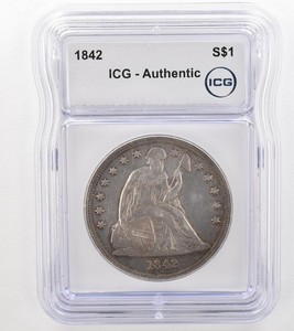 1842 Seated Liberty Silver Dollar Authentic ICG Beautiful Tone a9125