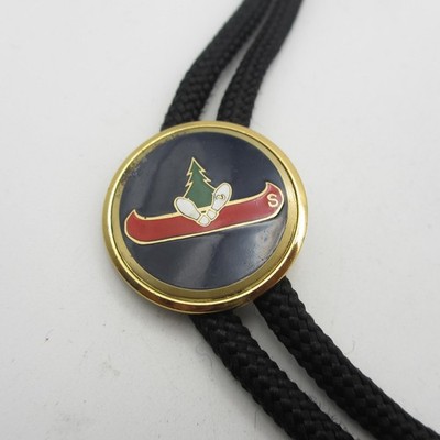 Vintage Boy Scouts Of America Bolo Tie Canoe S Tree Black Cord Gold Tone Tips