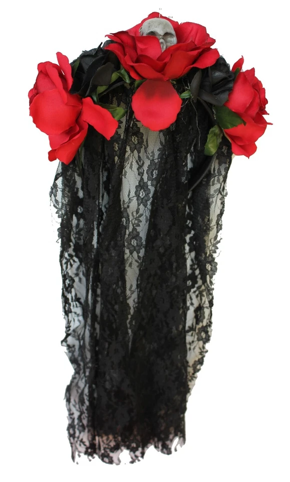 Deluxe Long Veil Black, DOD Dia de los Muertos, Halloween Rose Flower Headband - Image 2 of 4