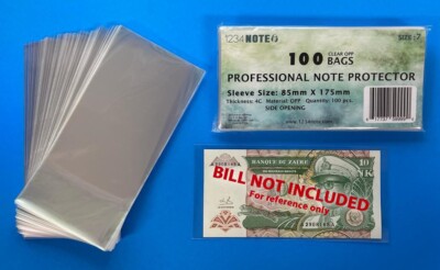 100 thin Sleeves, Currency banknote protector OPP 85x175 mm Size # 7, 1234sleeve