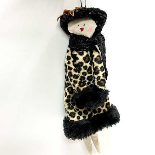 Cheetah Skin Print Dressed Fabric Lady Christmas Ornament Sequin Hat & Scarf