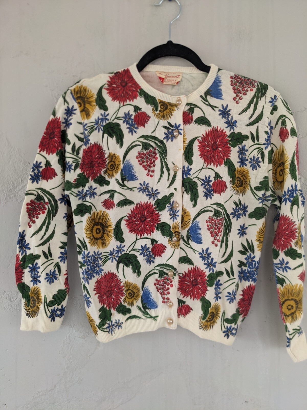 SAINT LAURENT Ste. Maglione cardigan Laurent vintage XS piccolo colorato floreale orlon acrilico