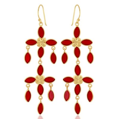 Multi Hydro Red Fringe Drop Artisan Gold Plated Women Fashion Earring Jewelry