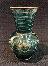 Circa 1940 Art Nouveau Style Hand Blown Gold Floral Turquoise Glass Vase.4" Tall