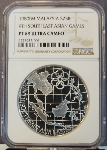 1980 MALAYSIA SILVER 25 RINGGIT SOUTHEAST ASIAN GAMES NGC PF 69 ULTRA CAMEO
