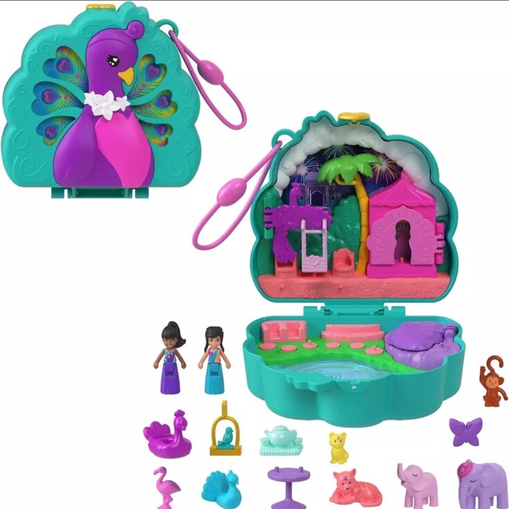 Polly Pocket Peacock Garden Compact Playset with 2 Micro Dolls and Pets New Toy