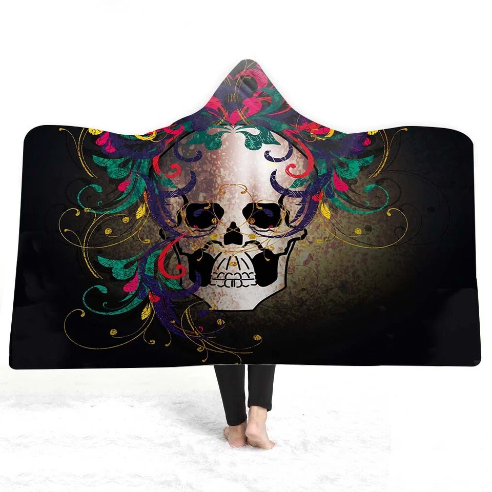 Halloween Gothic Punk Cool Sugar Skull Warm Fleece Hooded Blanket Sofa Throw - Image 4 of 4