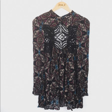 Free People Long Sleeve Paisley Mini Tunic Dress Size S Lace Trim Open Back