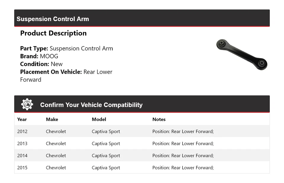 For 2012-2015 Chevrolet Captiva Sport Suspension Control Arm MOOG 2012 2013 2014 - Image 2 of 4