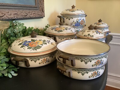 Vintage “ASTA” Cookware Set Brass Handle Enamelware 9 Piece Set W