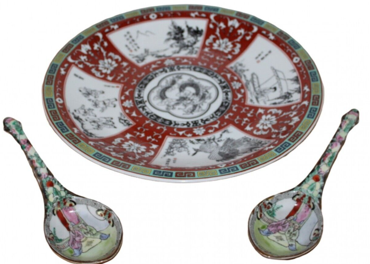 Chinese Mandarin Porcelain Plate with Two Rose Medallion Spoon Rests eBay