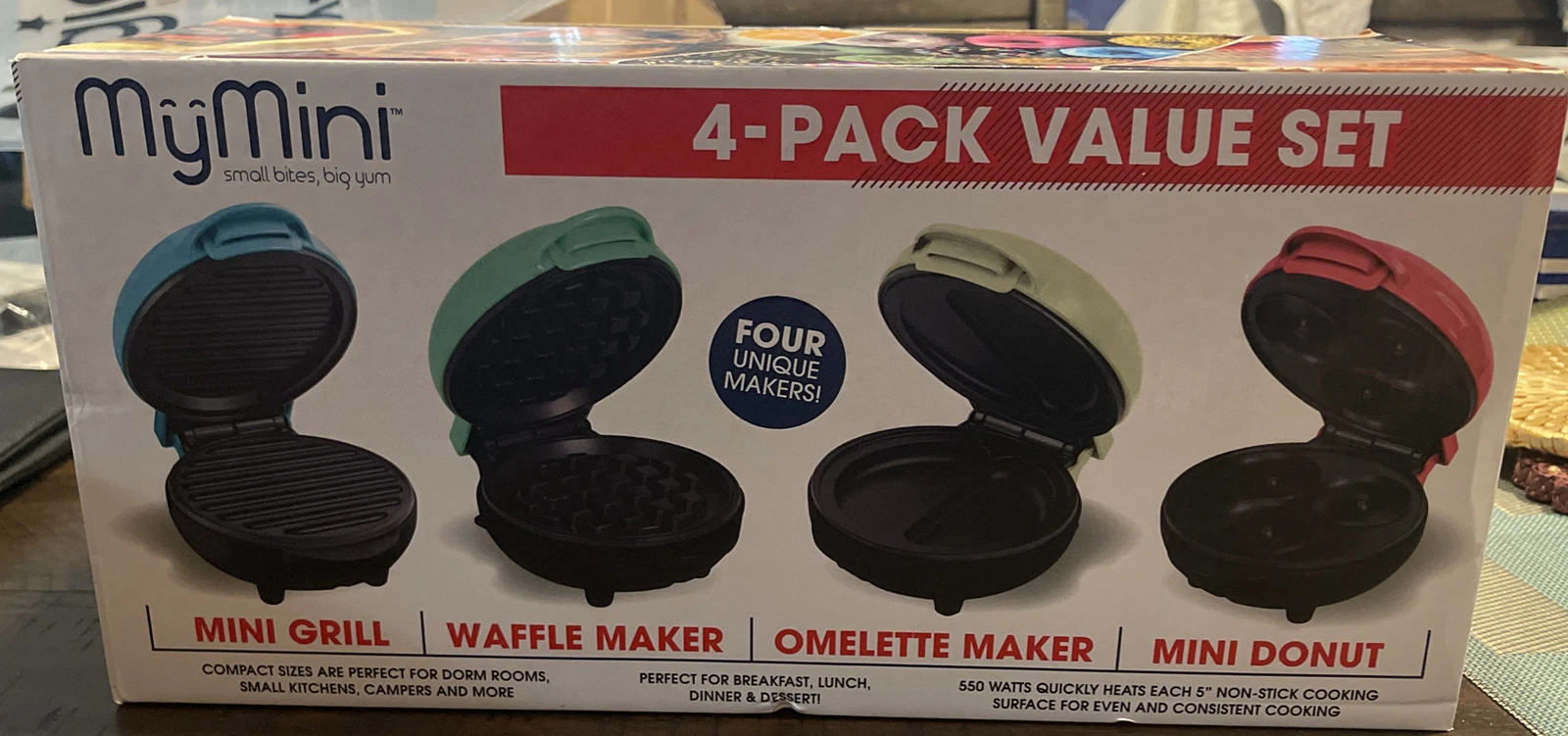 Mymini Deluxe Value Box Set; Includes Waffle Maker, Griddle, Donut Maker, and Om