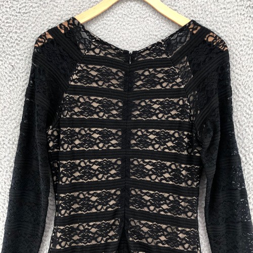 Bebe Dress Womens Large Black Lace Overlay Bodycon Knee Long Sheer Sleeve Formal - Picture 4 of 11