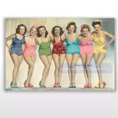 1940s Beach Babes Girls in Bathing Suits Colorful Vintage Wall Art