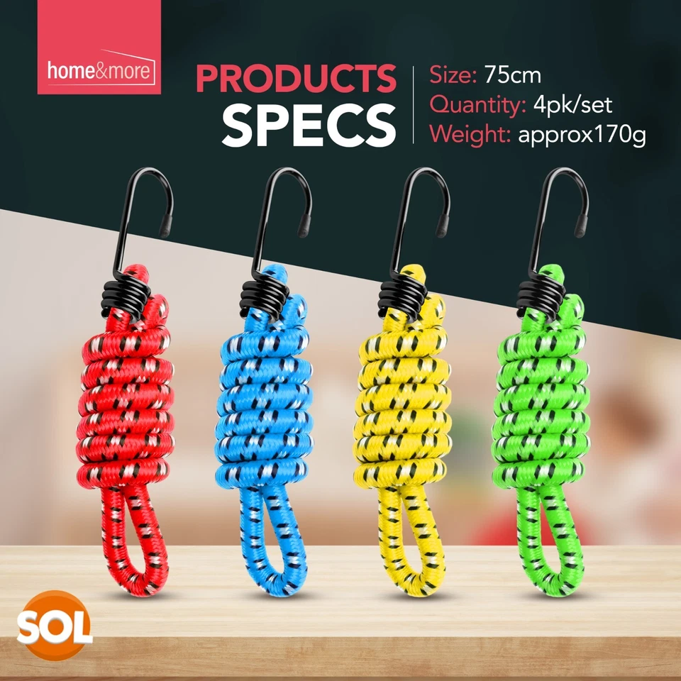 4pk Bungee Cords 75cm Long Elastic Luggage Straps Rope with Hooks Clips Car Bike - Image 3 of 4