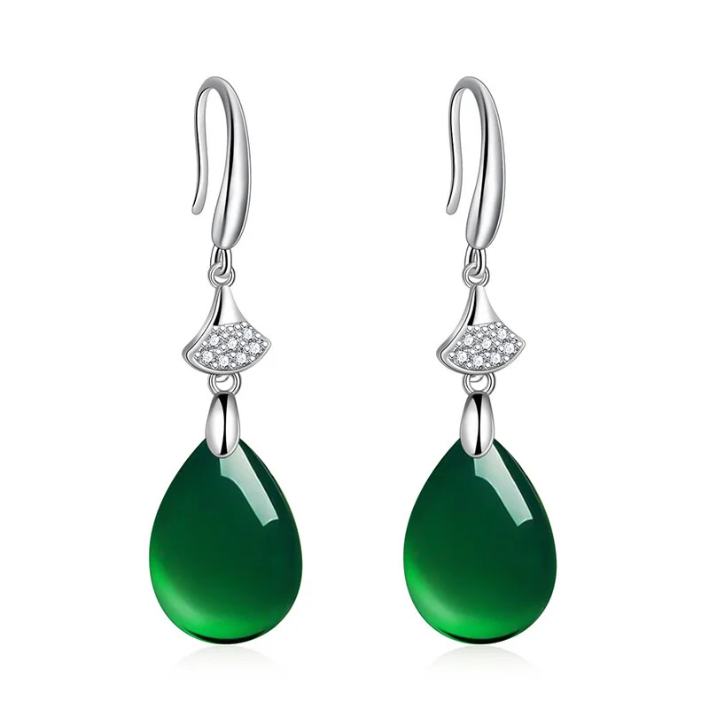 Jade Water droplet Earring 925 Silver Green Fashion Chalcedony Gifts Women