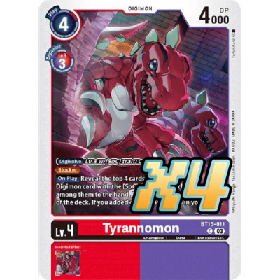 4x Tyrannomon BT15-011 Exceed Apocalypse Common Digimon CCG NM