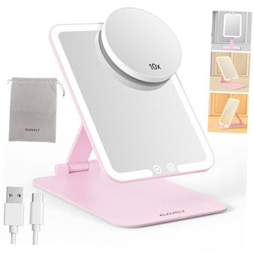 Travel Makeup Mirror with Lights, Rechargeable Compact Mirror, 7.5x5.1in Pink