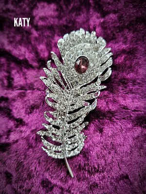 Silver Peacock Bird Feather Big Burgundy Crystal Vintage Look