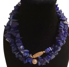 Lapis Lazuli & Pearl Necklace 18” 14k Gold Filigree Fishhook Clasp—#914