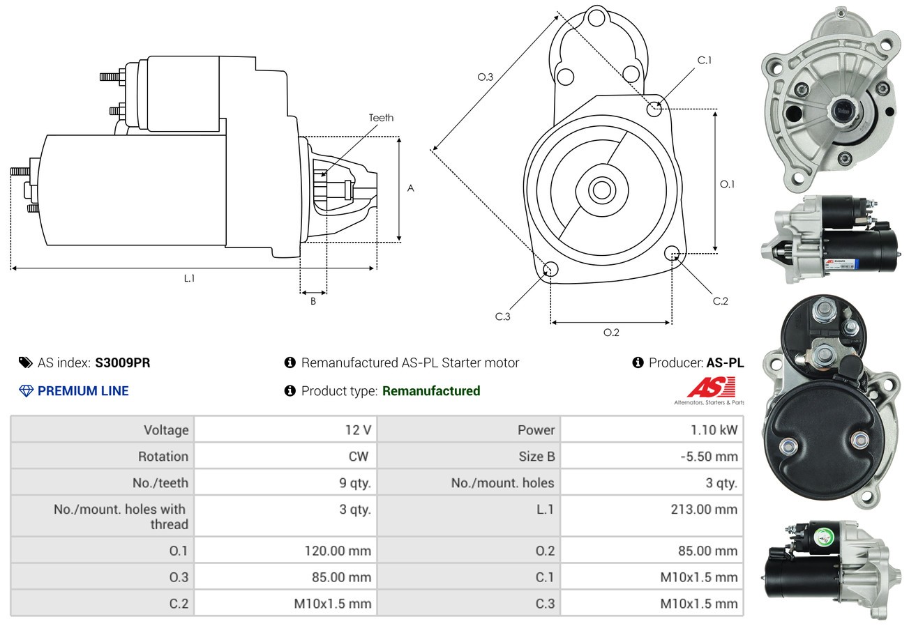 Fits AS ROZRUSZNIKI I ALTERNATORY S3009PR ROZRUSZNIK REMANUFACTURED AS-PL START