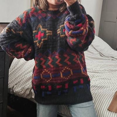 Vintage Boston Traders 100% Pure Wool Chunky Knit Sweater Abstract Print. Size L