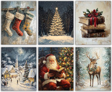 Vintage Christmas Wall Art Set of 6 Winter Rustic Wall Decor Santa Claus Canvas