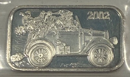 1 oz troy - SILVER Bar - 2002: SANTA w/CAR FULL of GIFTS  -  .999 - Fine Silver