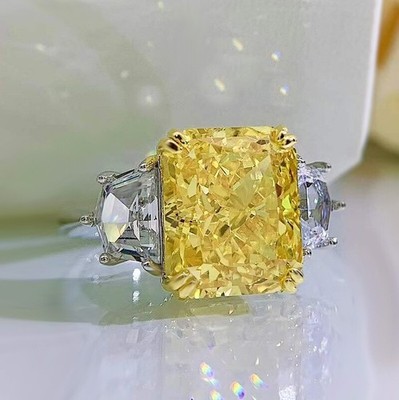Large Radiant 7.70Ct Lab-Grown Fancy Vivid Yellow Diamond 3-Stone Ring 14k Gold