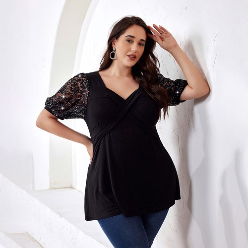Plus Size Women Sequin Short Sleeve Tops Ladies Elegant Work Party Shirt Blouse - Picture 11 of 23